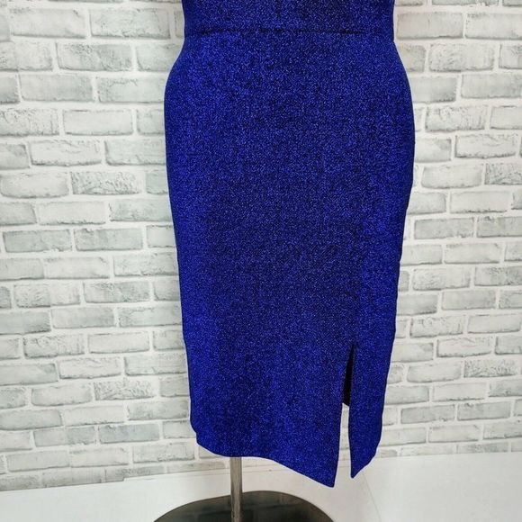 Vince Camuto 12 Blue Shimmery One Shoulder Sheath Cocktail Event Dress Side Slit - Picture 3 of 8